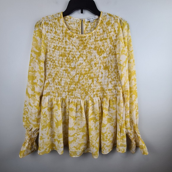 Rose + Olive Tops - Rose + Olive Yellow White Abstract Smocked Peplum Blouse Long Sleeve Medium